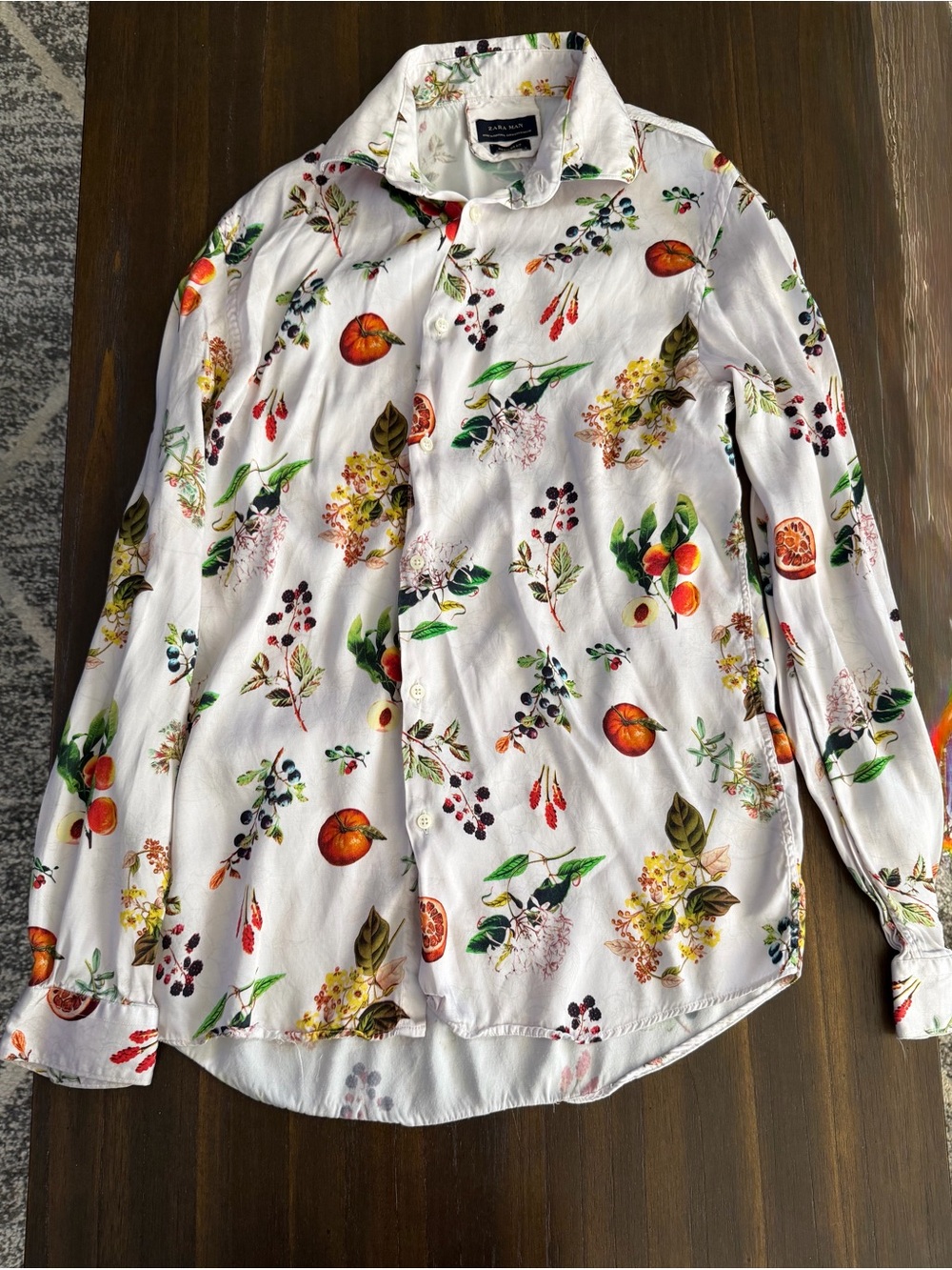 Zara White Button-Down Shirt with Orange‎ & Green Botanical Print